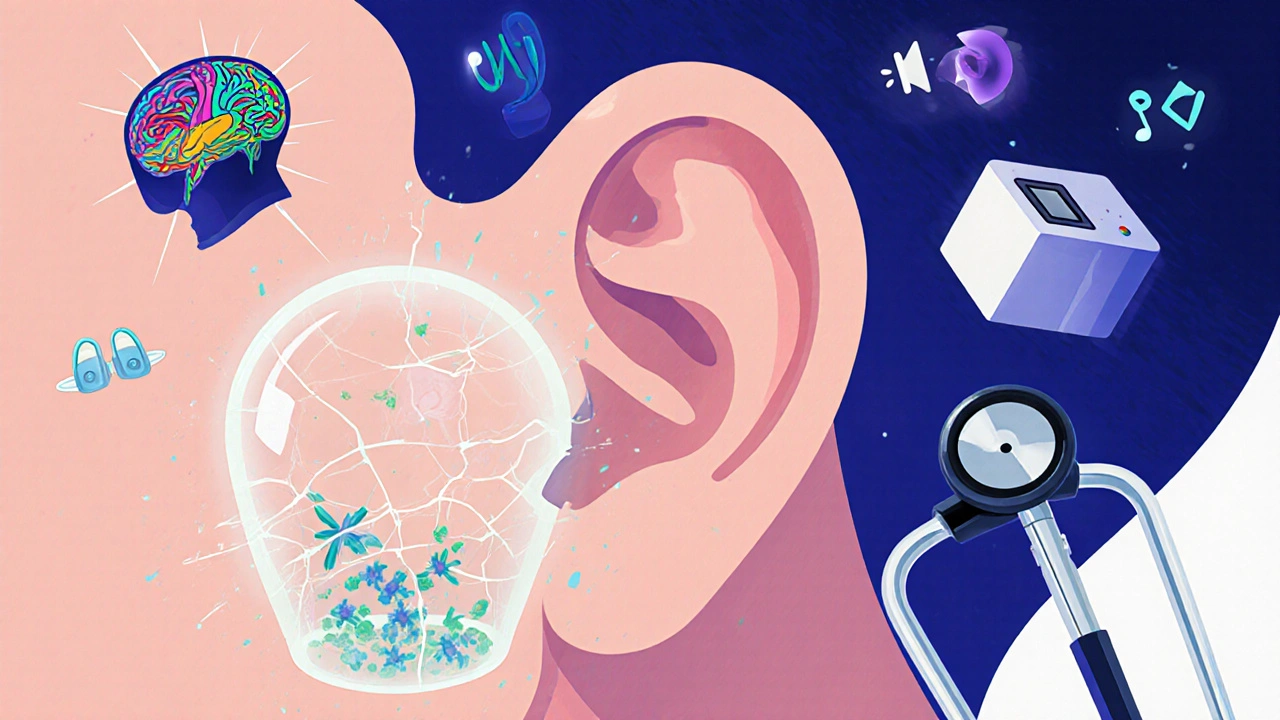 A glowing ear with shattered hair cells and a brain generating phantom sounds.