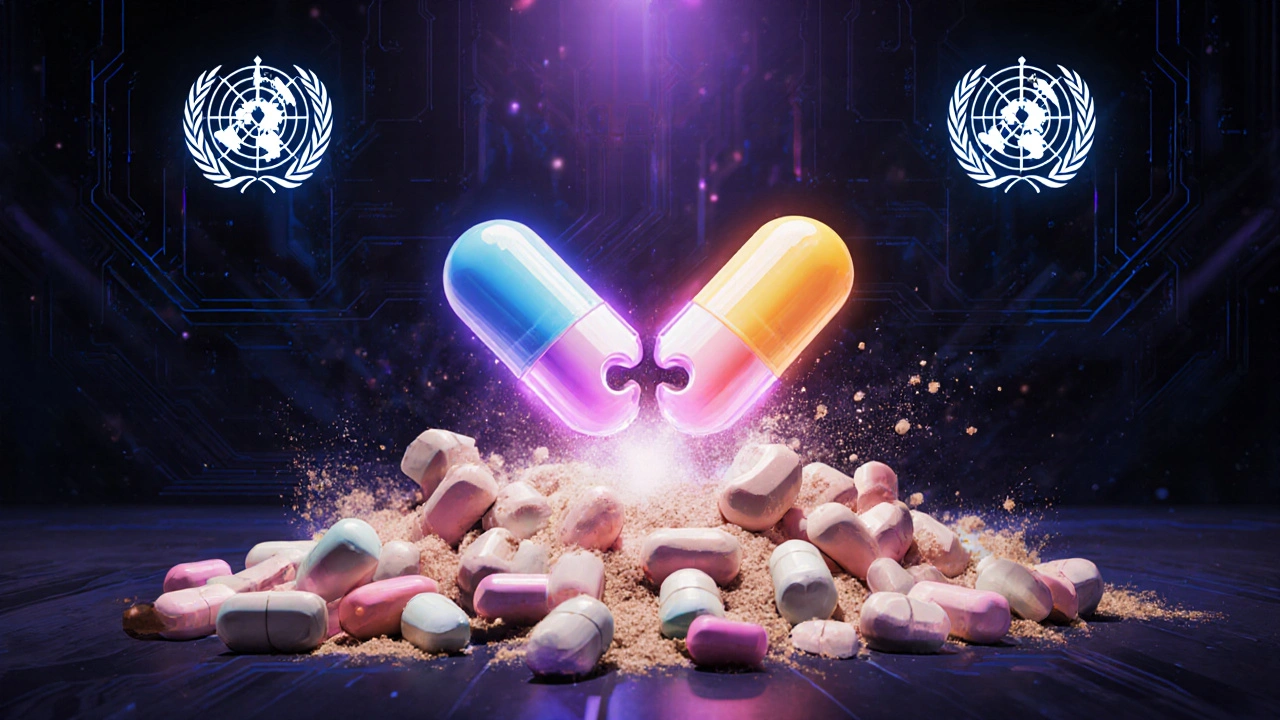 A glowing futuristic pill fusing two molecules, while bad combo pills crumble below, with AI and WHO logos above.
