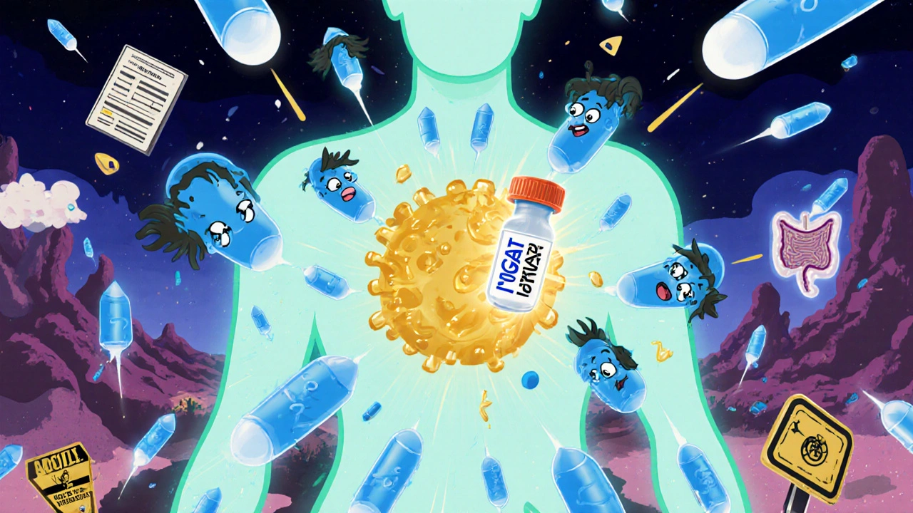 A glowing human body under attack by chemotherapy missiles, with healthy cells affected and a genetic key protecting only cancer cells.