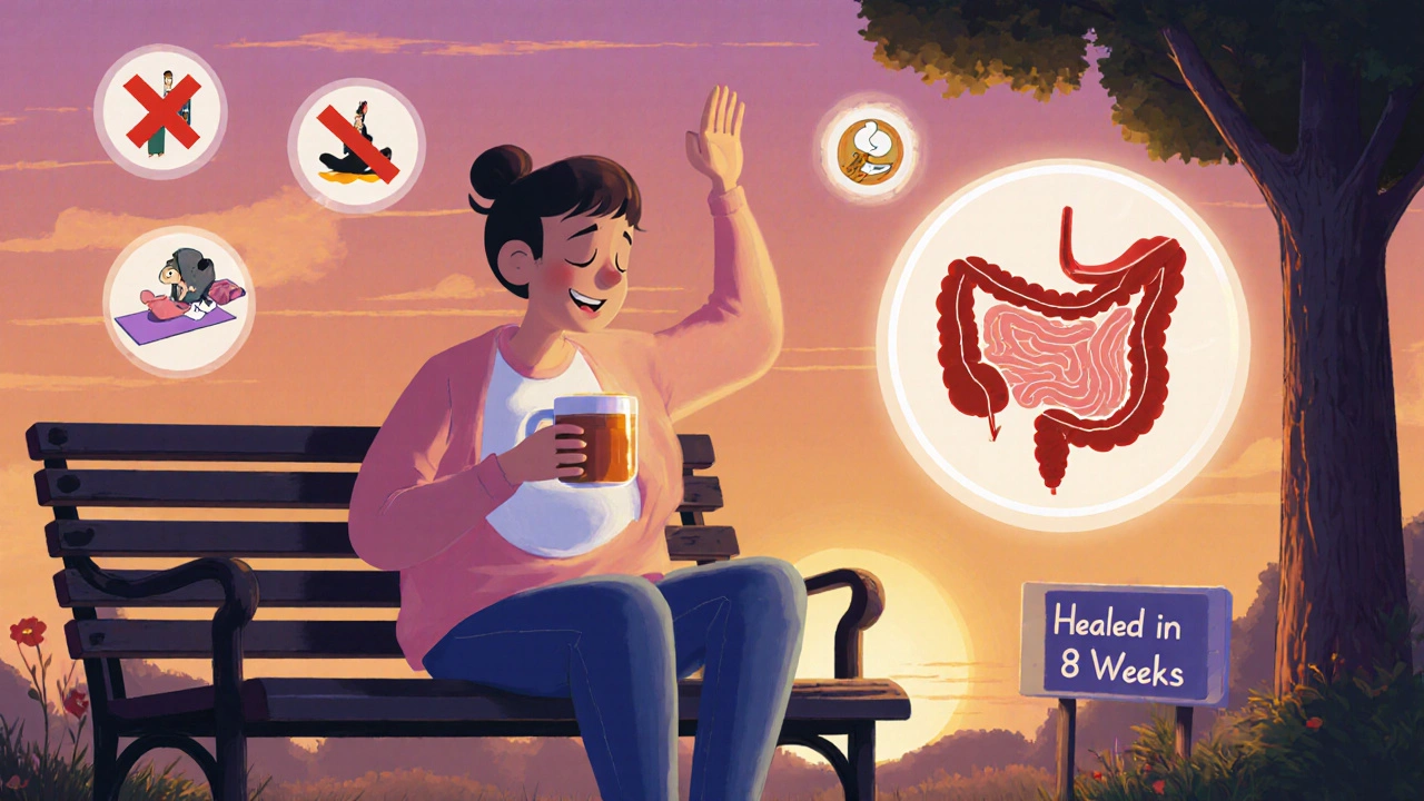 A patient smiling on a bench as their healed duodenum waves from inside their body under a sunset.