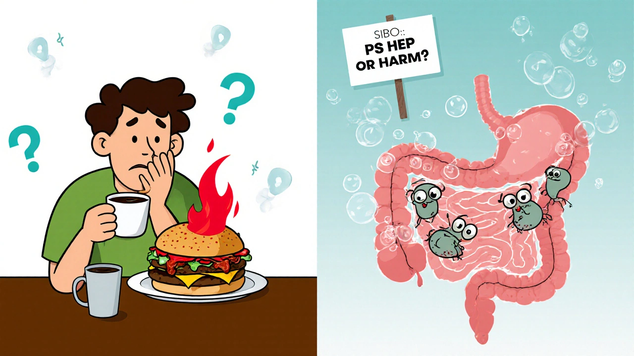 A person eating dinner while gut bacteria trigger both heartburn and loose stools in a stylized cartoon scene.
