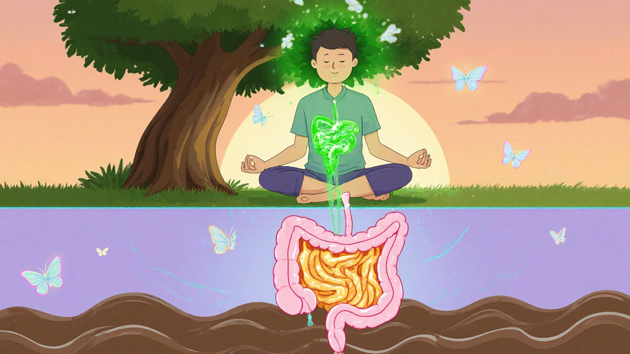 A person meditating as healthy gut bacteria restore balance, with acid reflux and diarrhea calmed in dreamy illustration.
