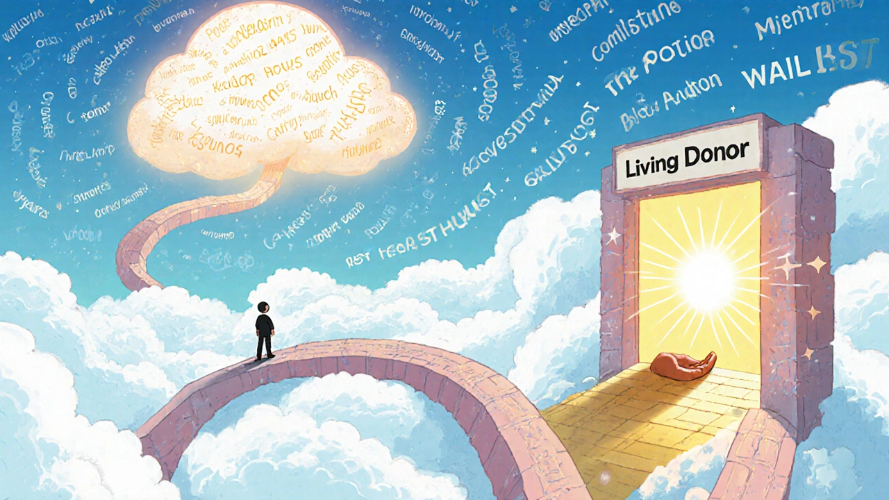 A person stands on a long waitlist path with a distant kidney cloud, while a golden bridge to a living donor portal glows nearby.