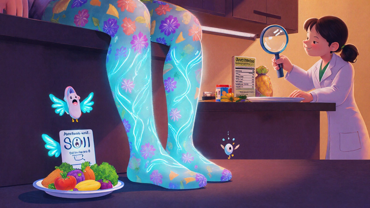 A person wearing glowing compression stockings while walking, with healthy food and a dietitian guiding them in a cartoon kitchen.