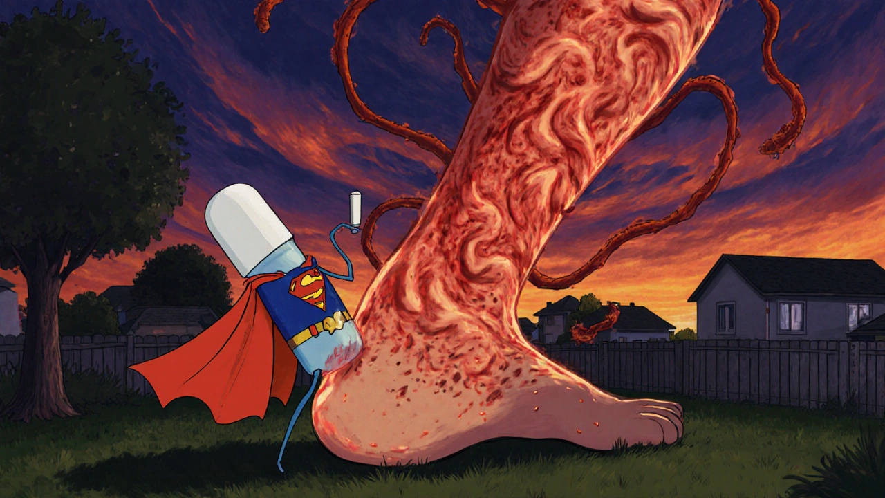 A red, fiery infection creeping up a leg, fought by a superhero antibiotic pill in a backyard setting.