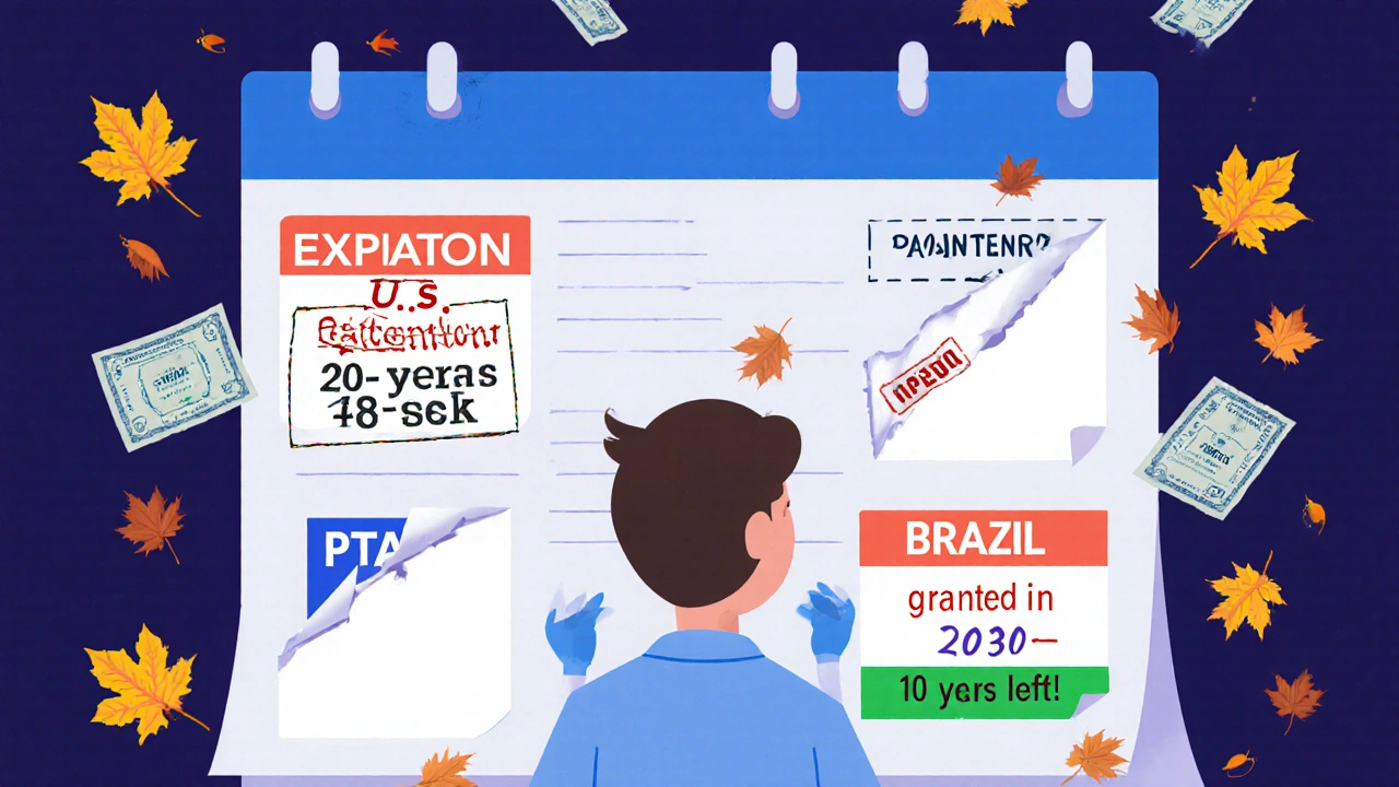 A scientist watching a giant patent calendar with country-specific expiration extensions and crumbling deadlines.