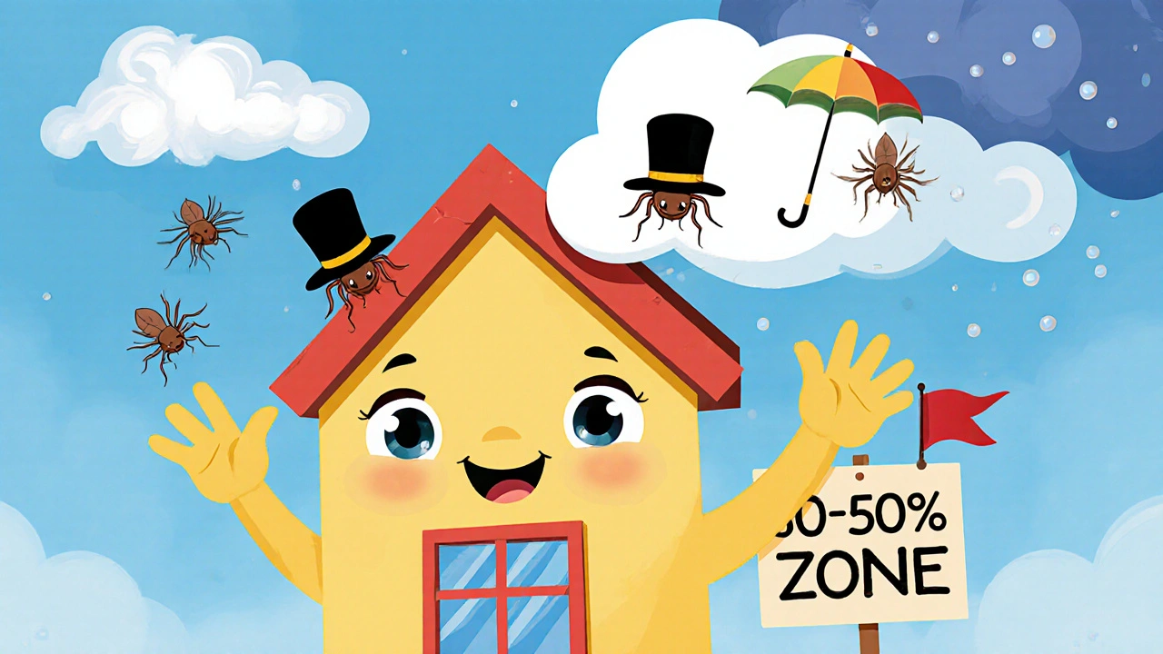 A smiling house watches allergens float away as it maintains perfect humidity levels, with protective bedding and blinds in view.