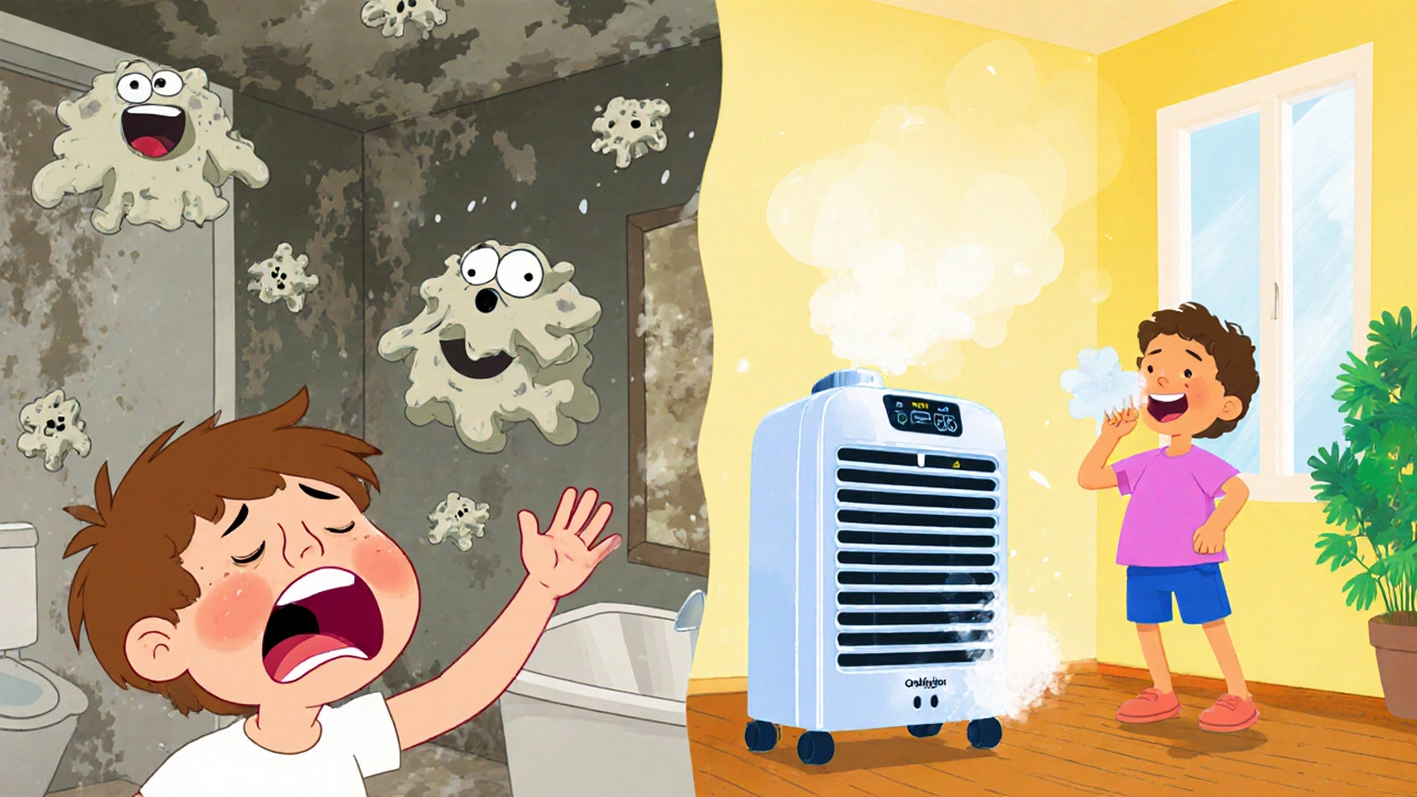 A split scene contrasts a moldy, sneezy room with a bright, healthy one, showing the effects of high vs. balanced humidity.
