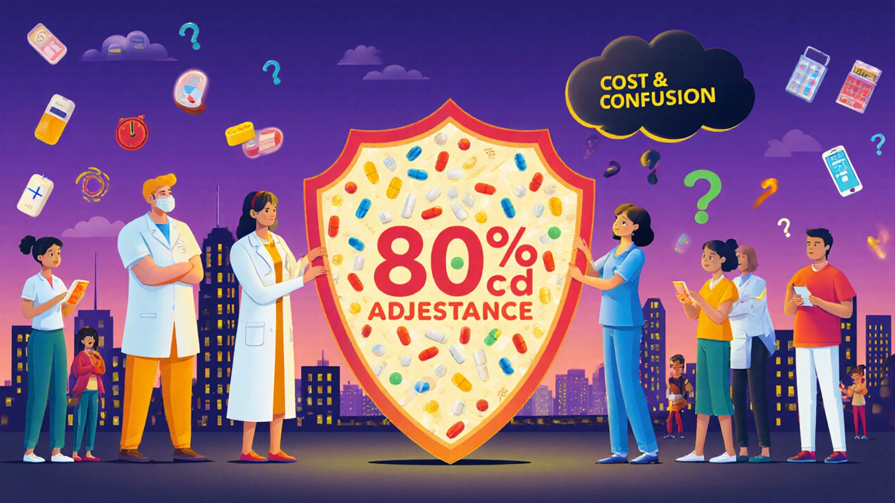 A team of healthcare heroes holding a shield made of pills, symbolizing 80% medication adherence.