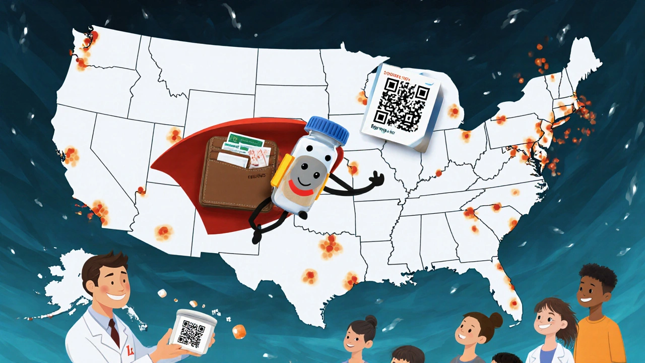 An animated insulin vial flies over a storm map with a pharmacist handing out emergency kits.