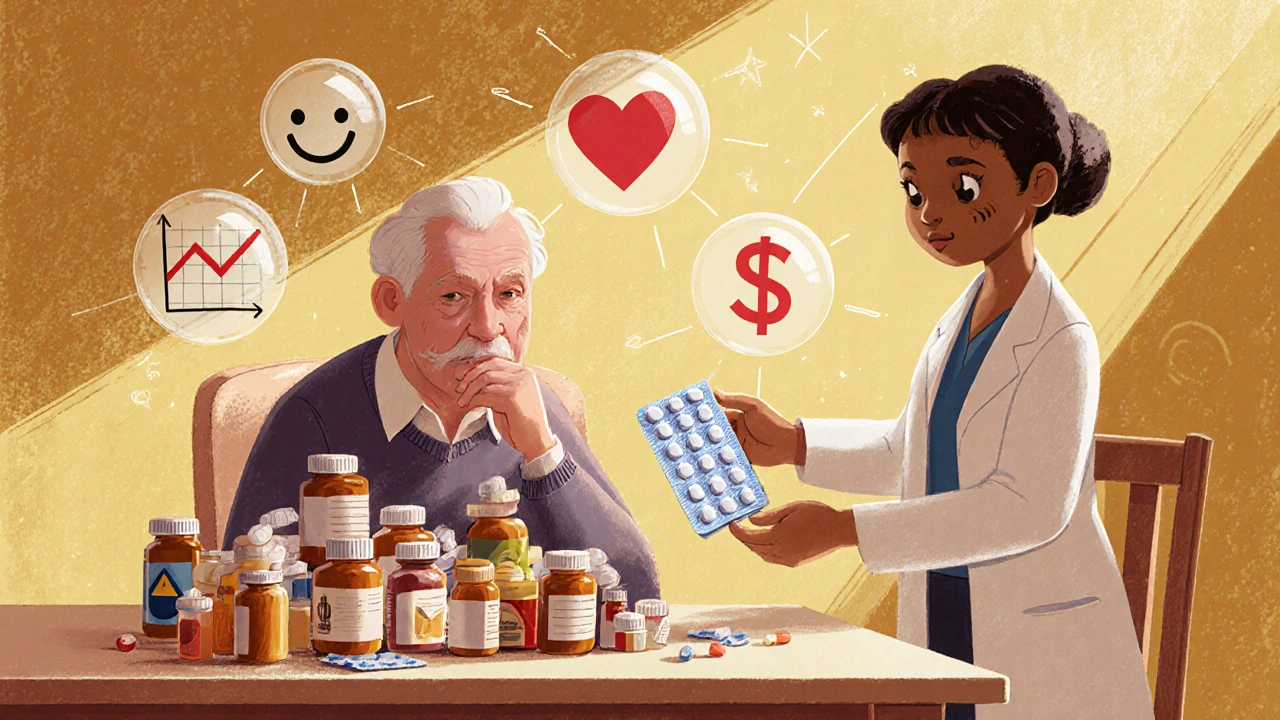 An elderly man relieved as a pharmacist gives him a simple blister pack instead of many pill bottles.