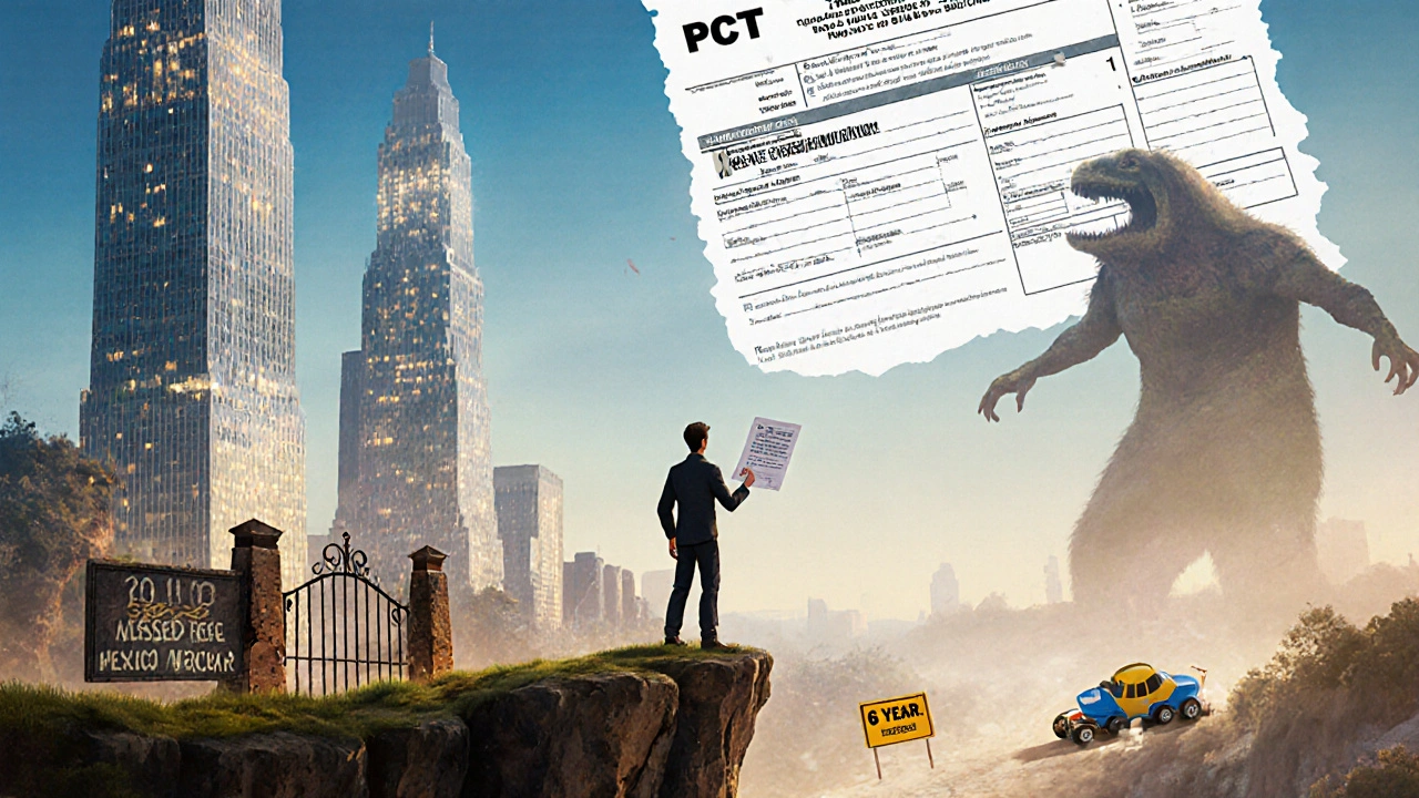 An inventor on a cliff overlooking a landscape of patent expiration outcomes, with a generic pill monster looming.