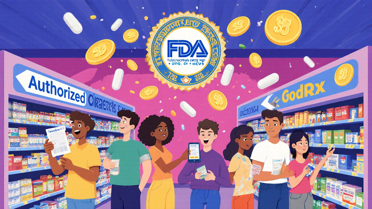 Diverse group in pharmacy celebrating savings as pills turn into coins, with GoodRx app visible on phone.