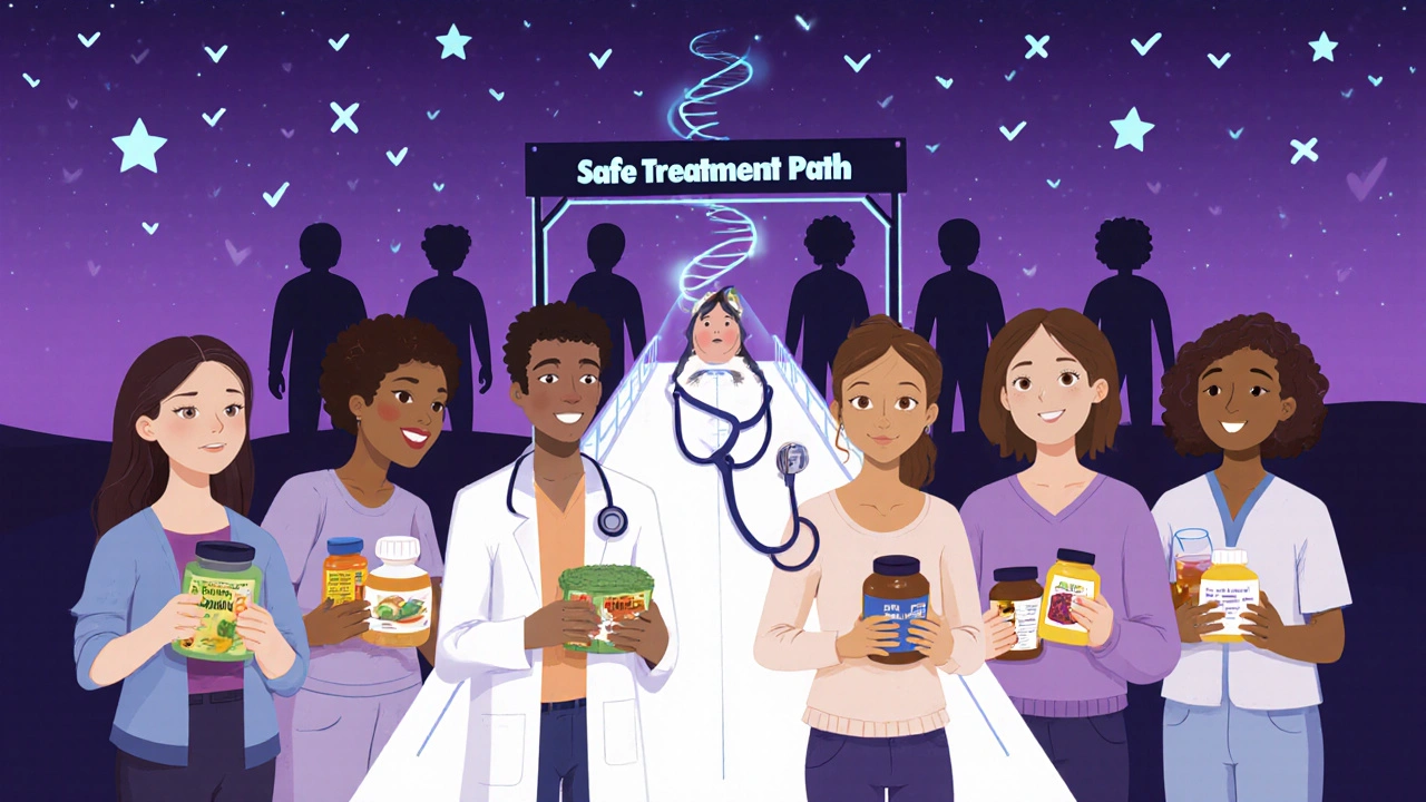 Diverse patients guided by a pharmacist toward a safe treatment path, leaving behind hidden risks like missed doses and unreported supplements.