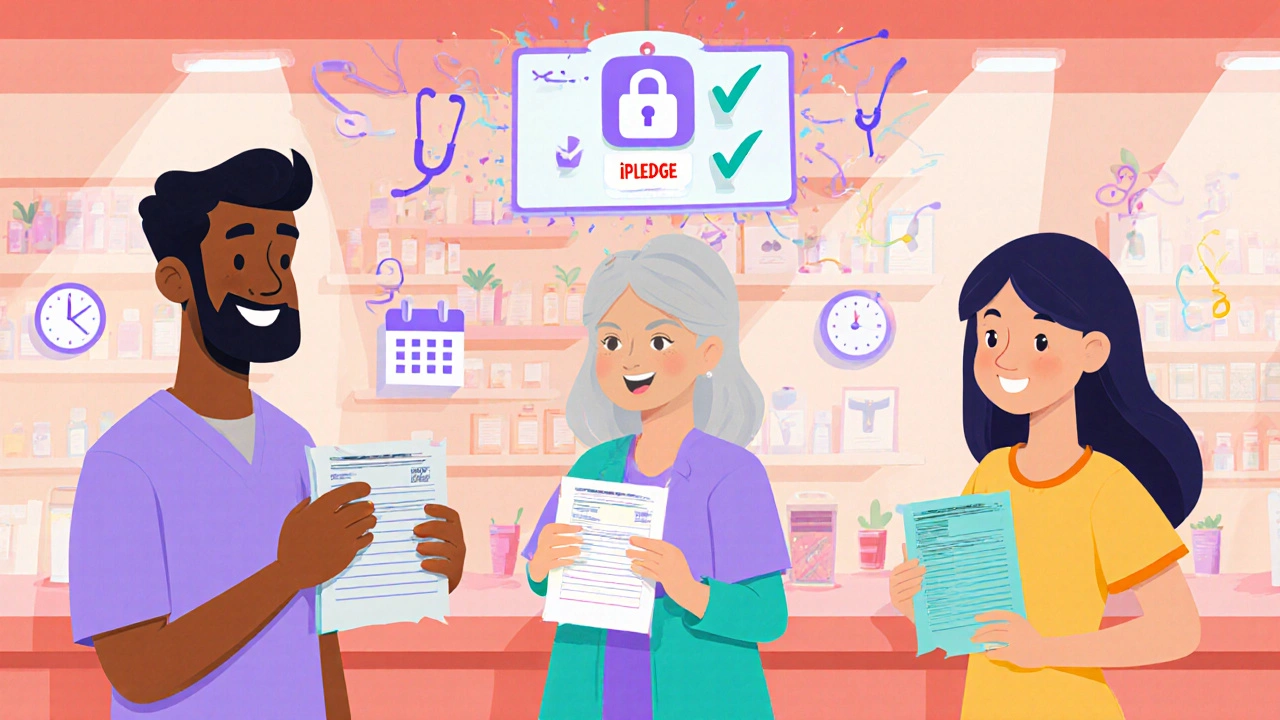 Diverse patients in pharmacy with floating iPLEDGE system icons and checkmarks.