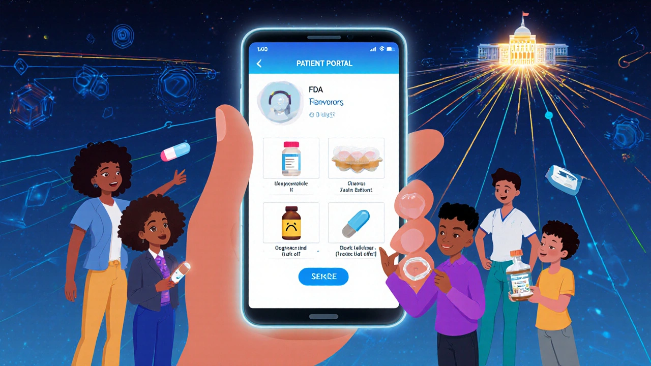 Diverse patients reporting drug issues via a glowing patient portal, with AI and pharmacy data flowing toward FDA headquarters.