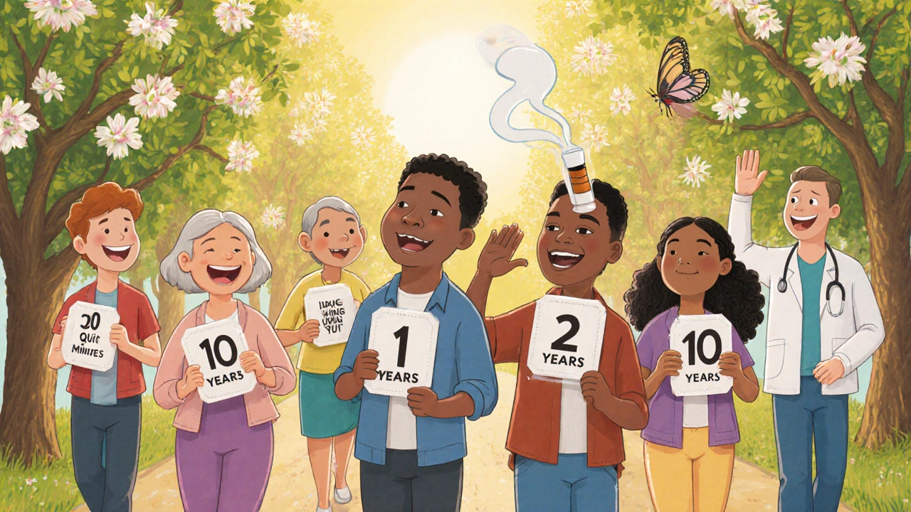 Diverse people walking forward past milestones, a cigarette turning into a butterfly.