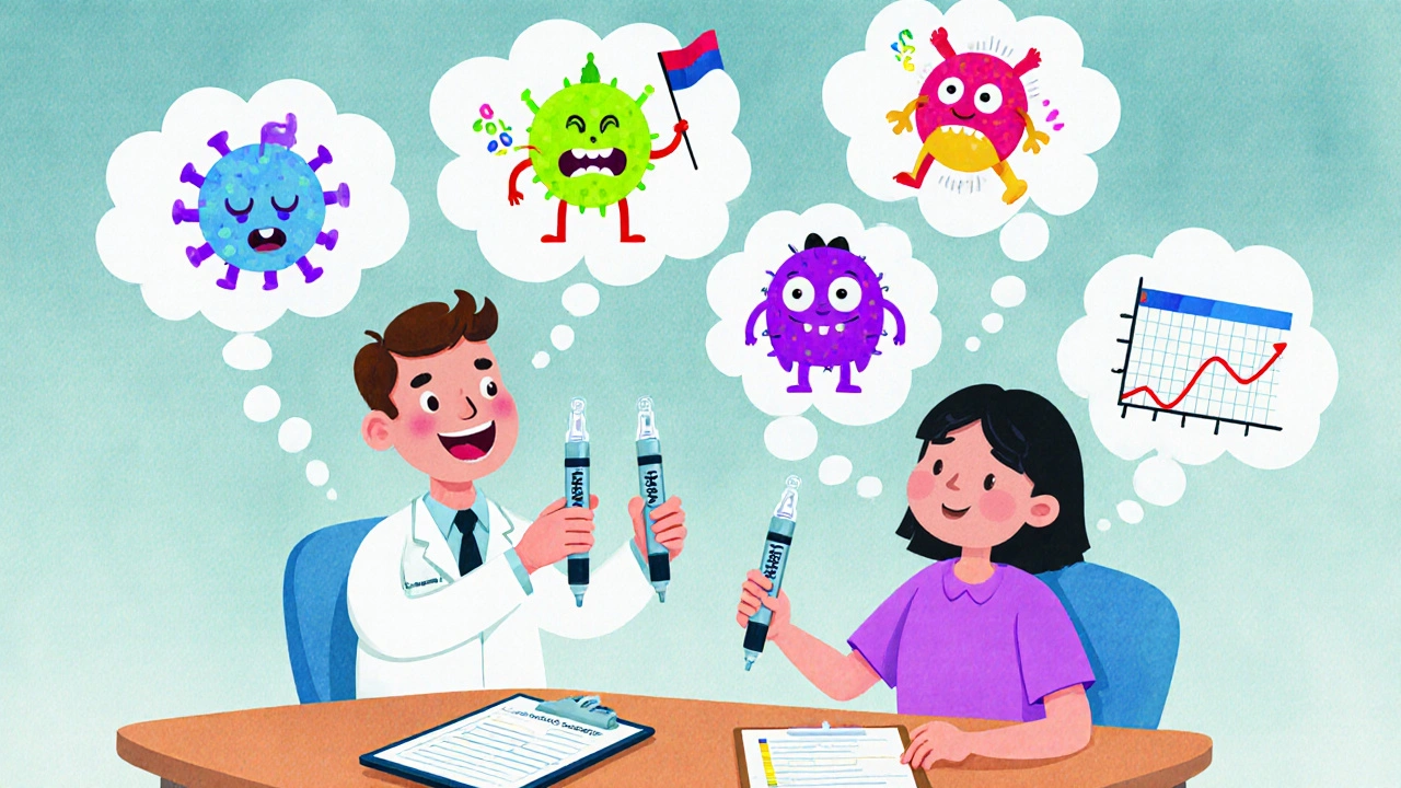 Doctor and patient comparing insulin pens with cartoon immune cells reacting differently in thought bubbles.