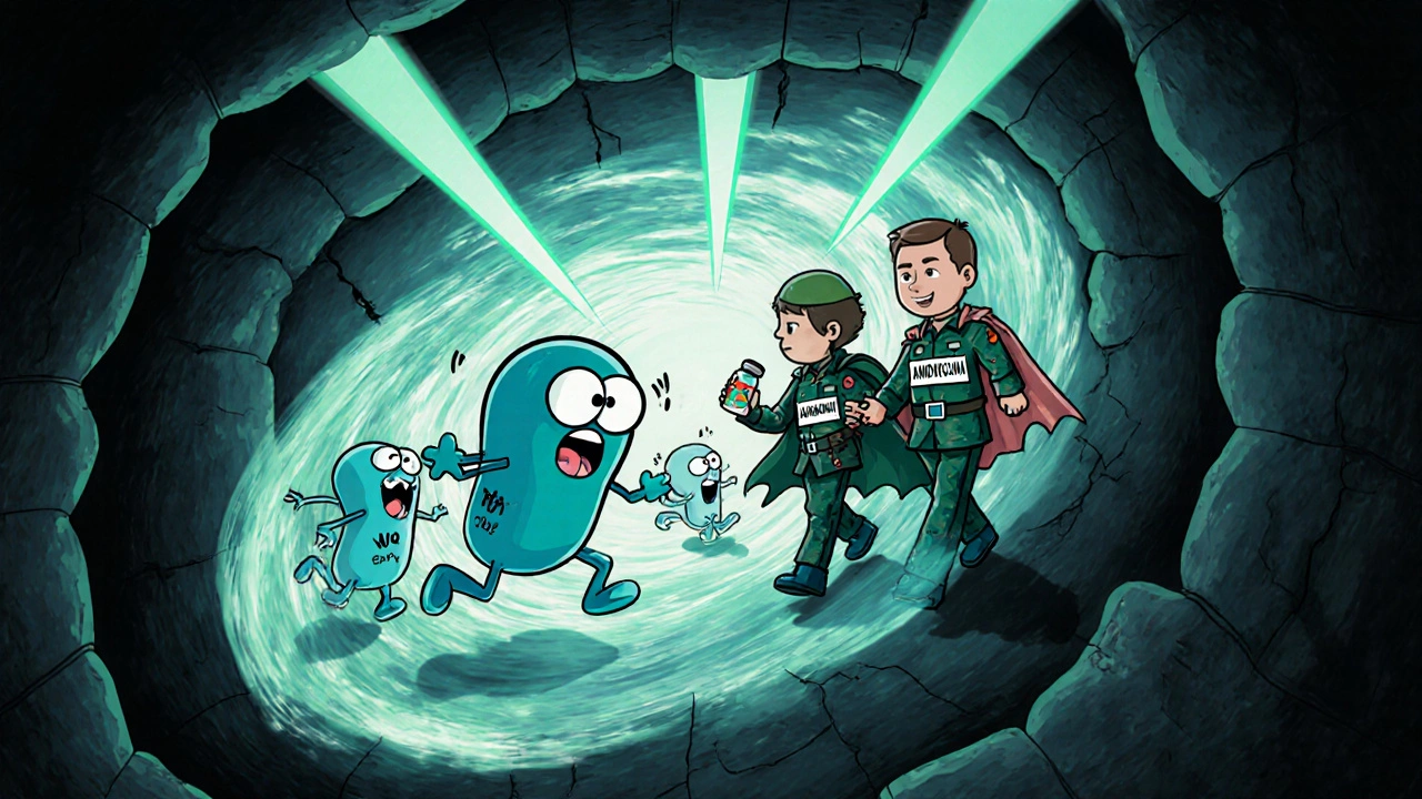 H. pylori bacteria running away from rabeprazole molecules and antibiotic soldiers in a glowing intestine.