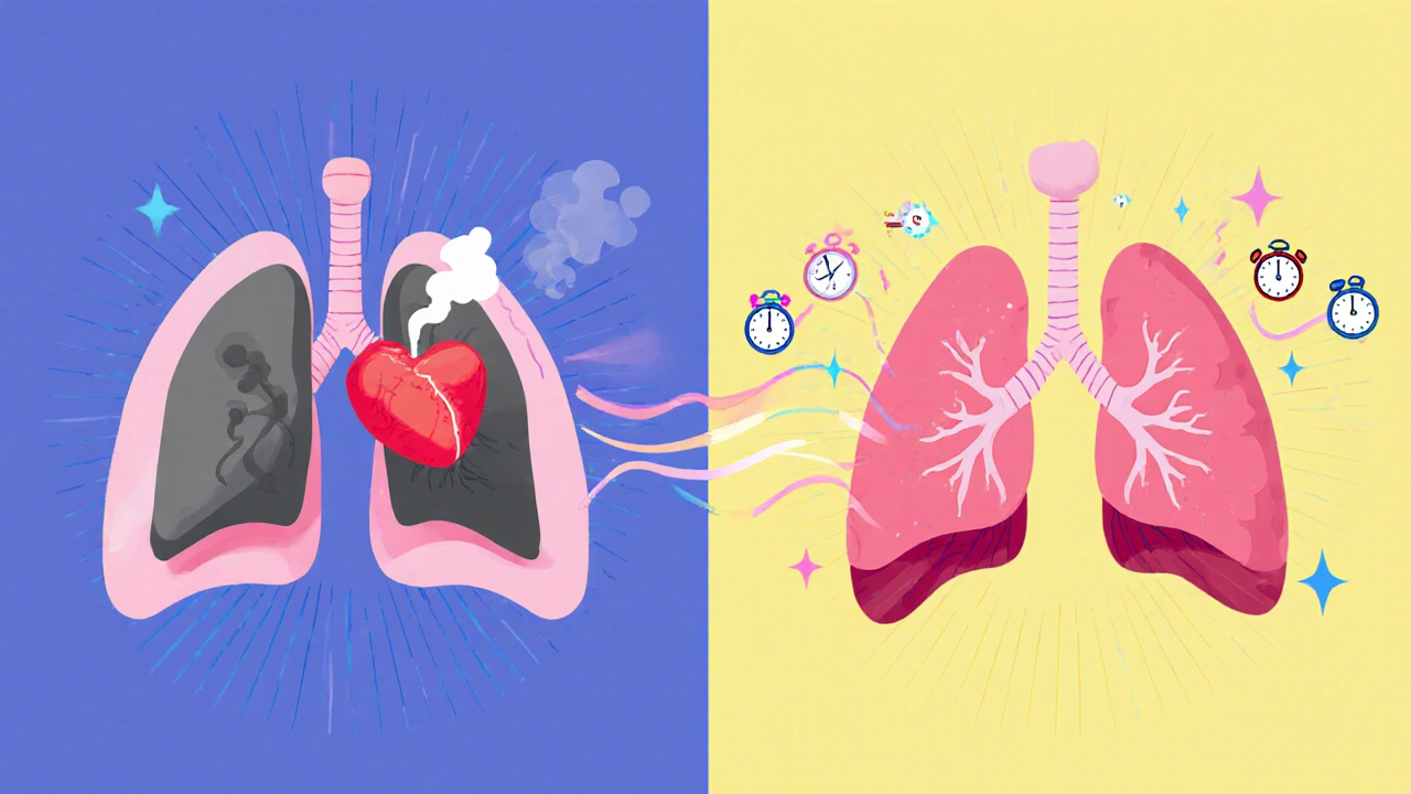 Healthy lungs and heart glowing beside damaged ones, with healing waves.