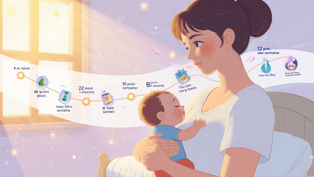 Mother and baby in nursery with floating timeline showing medication doses timed after feeds.