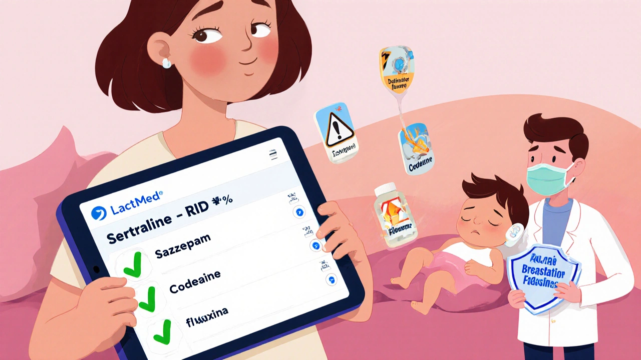 Mother using LactMed app while baby sleeps, with unsafe drugs being gently pushed away.