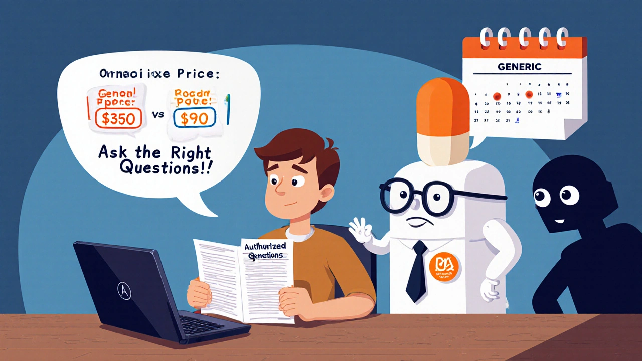 Person at kitchen table learning about generics from a talking pill character, with price changes on calendar.