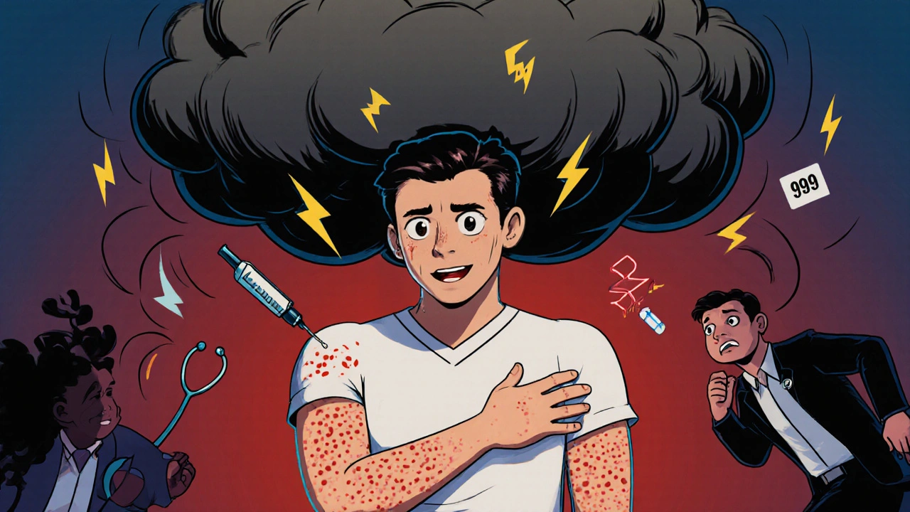 Person experiencing hives and anaphylaxis with emergency symbols floating around them.