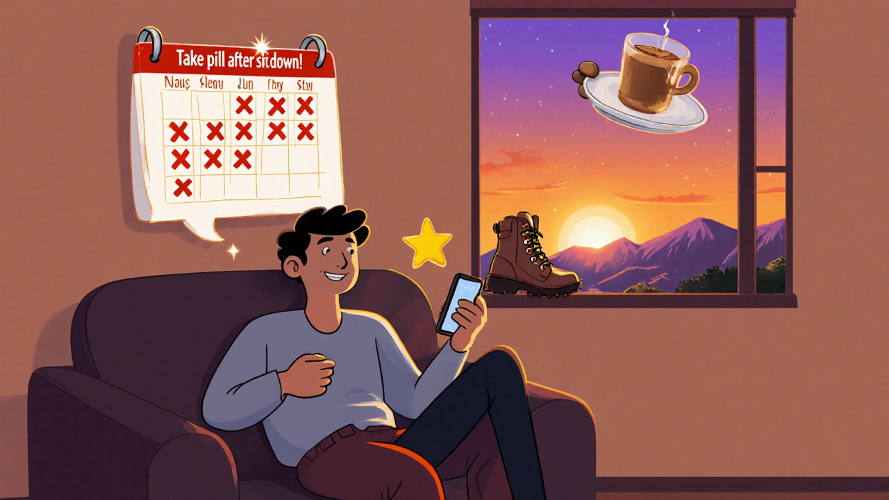 Person receiving a phone reminder while a calendar shows a chain of X&#039;s and a reward floats nearby.