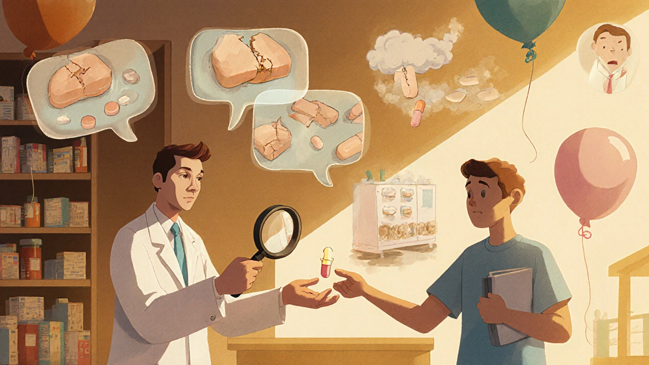 Pharmacist examining a flawed generic pill with magnifying glass, showing hidden defects like crumbling tablets and falling patches.