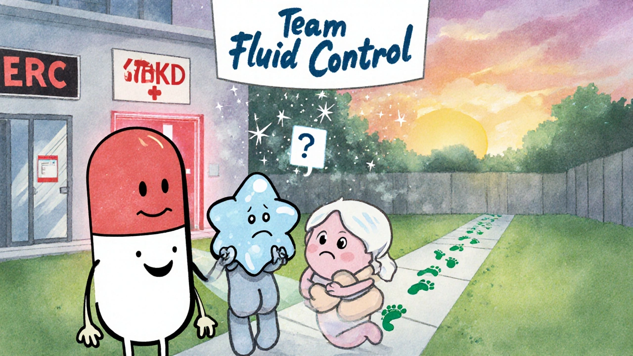 Three cartoon characters representing diuretics, salt, and compression working together to help a patient lose excess fluid safely.