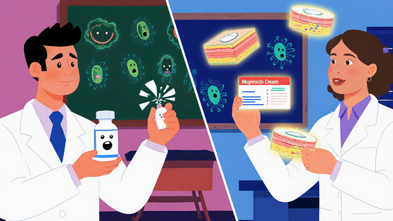 Two doctors comparing antibiotics, with shattered penicillin and glowing effective drugs, cartoon style.