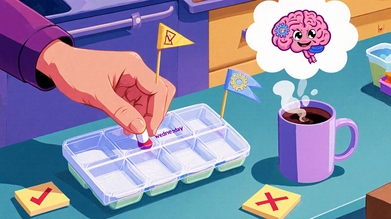 Weekly pill organizer with empty compartments and sticky note checkmarks on a kitchen counter.