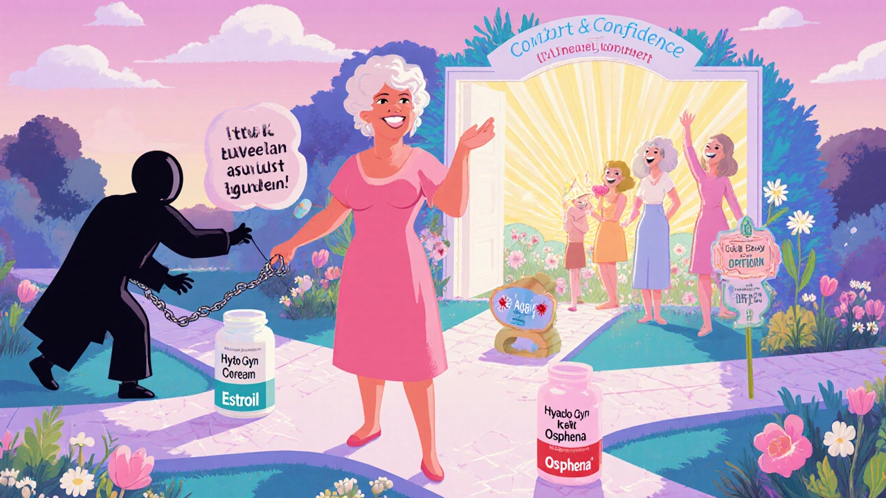 Woman at a crossroads choosing between menopause treatment paths, leaving behind old beliefs.