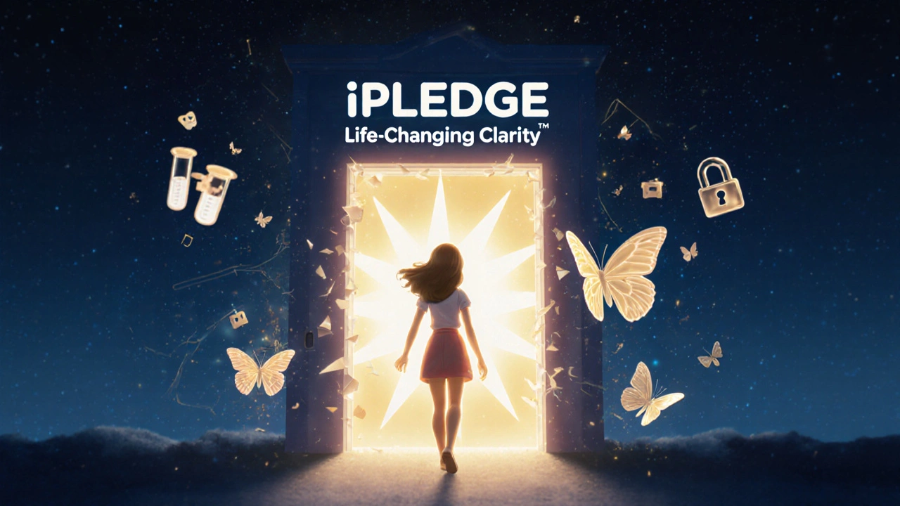 Woman stepping through glowing iPLEDGE portal toward clear skin and butterflies.