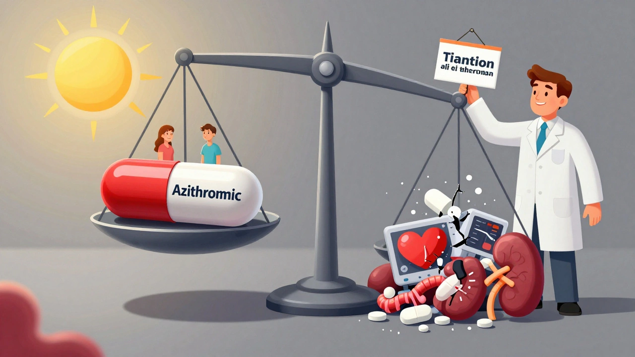 A balanced scale showing safe azithromycin on one side and dangerous clarithromycin crushing medical icons on the other.