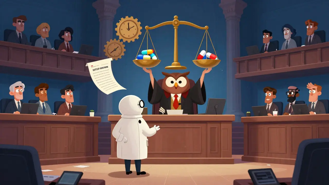 A cartoon courtroom scene with a generic drug maker and a judge debating patent rules under the Hatch-Waxman Act.