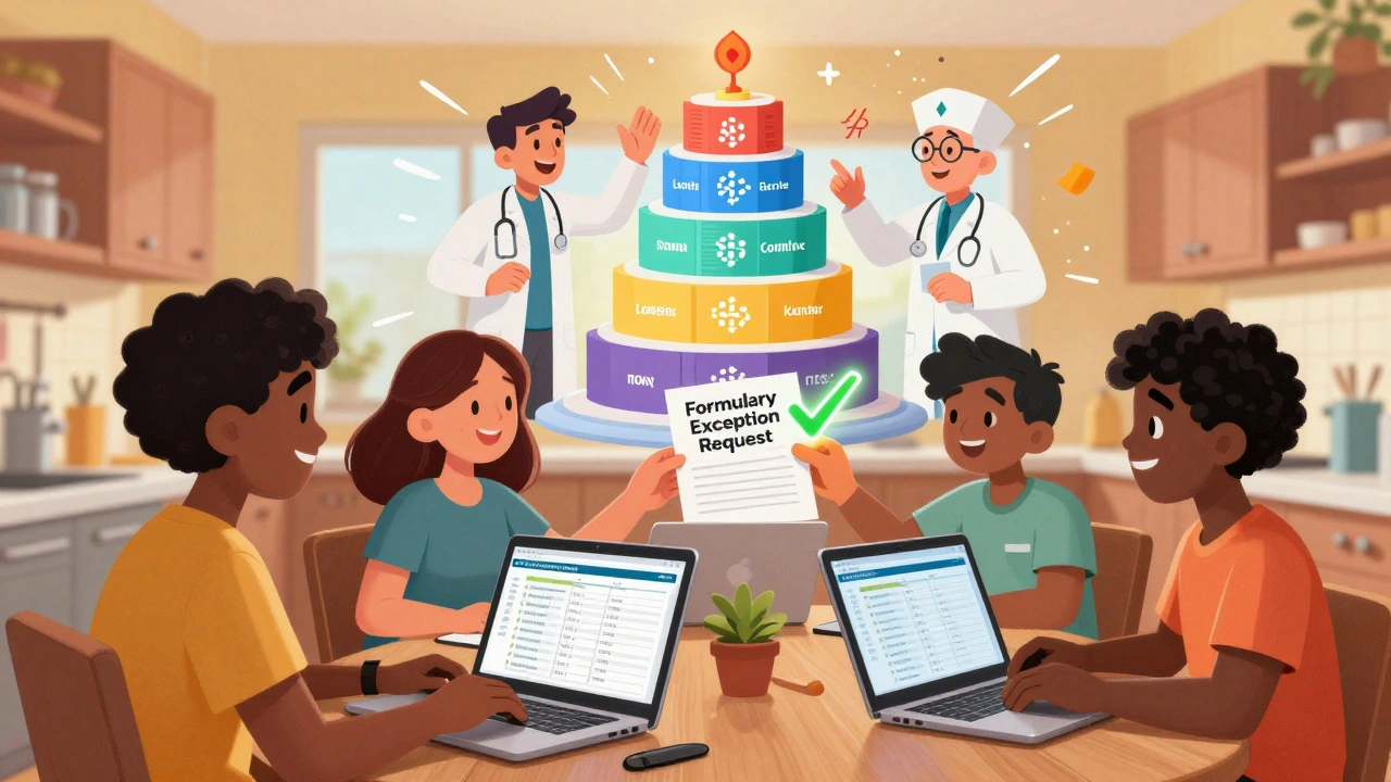 A family reviewing formulary lists on laptops while animated doctor and pharmacist characters debate a tier chart.