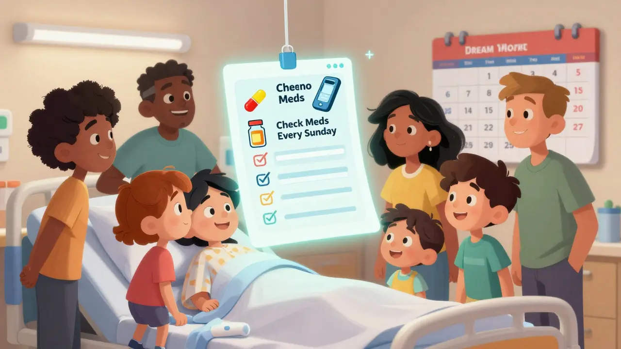 A family reviews hospital discharge meds with a floating checklist and weekly care routine icons.