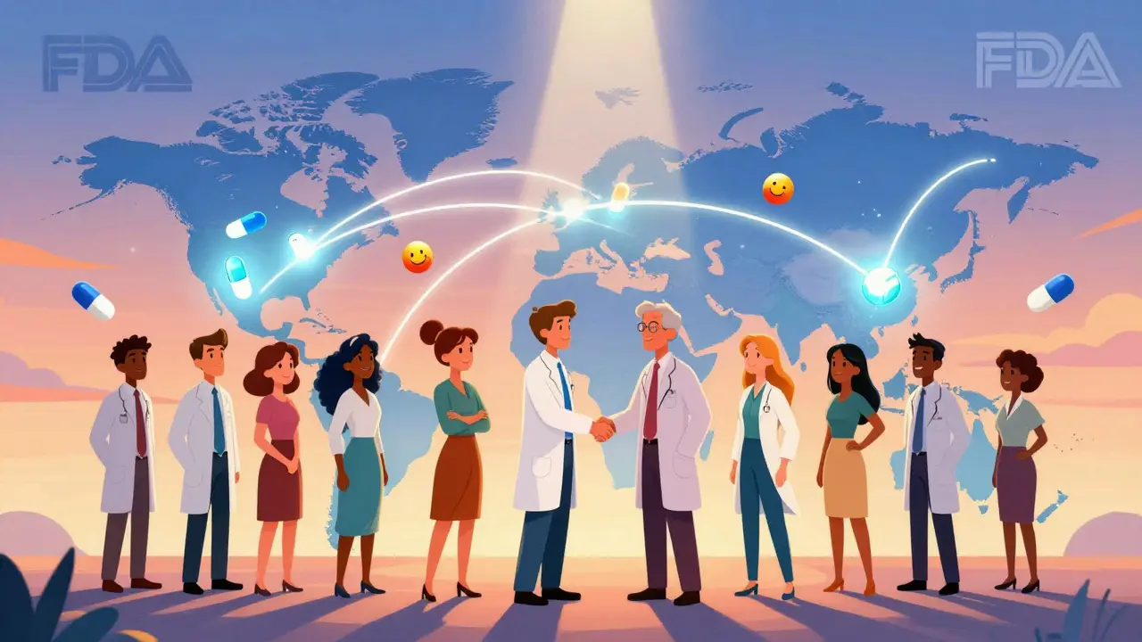 A global map with glowing connections and smiling pills flying between countries, symbolizing international drug standards alignment.