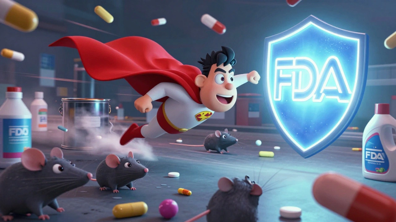 A heroic pill flying through a storm of dangerous counterfeit drugs.