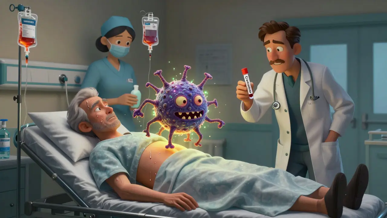 A hospitalized patient with C. diff is treated by a doctor as hygiene is shown in the background.