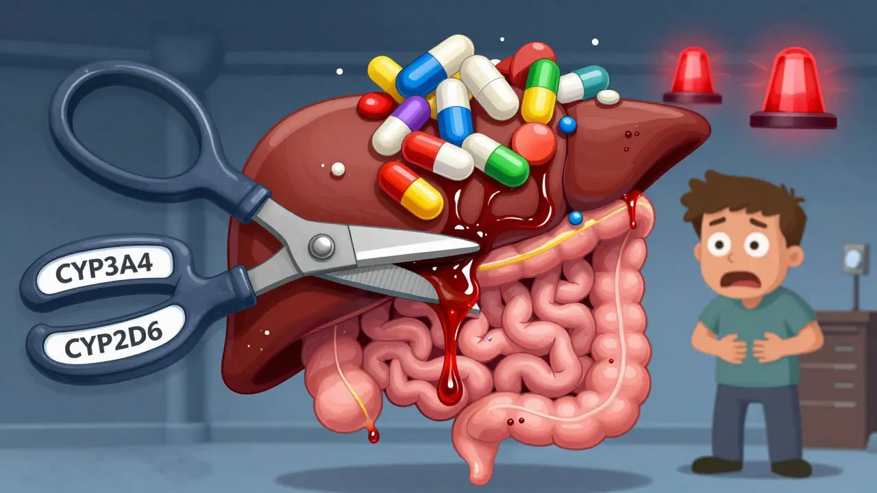 A liver and intestine with blocked enzyme scissors and piled-up drug molecules, symbolizing dangerous medication interactions.