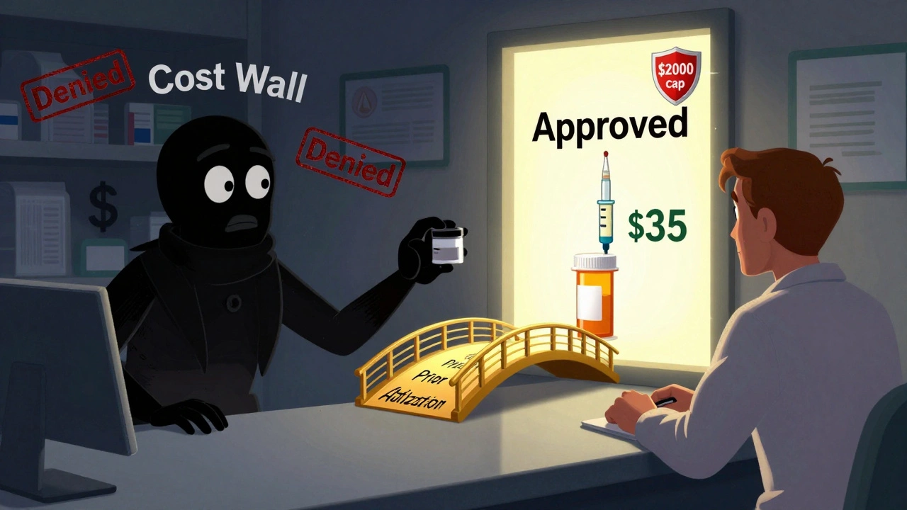 A patient at a pharmacy caught between a denied cost wall and a golden bridge to approval, with insulin and out-of-pocket cap symbols.