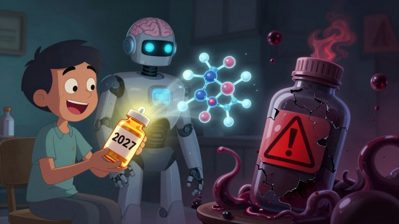 A patient safely taking medicine next to a dangerous broken bottle, with an AI hero protecting health.