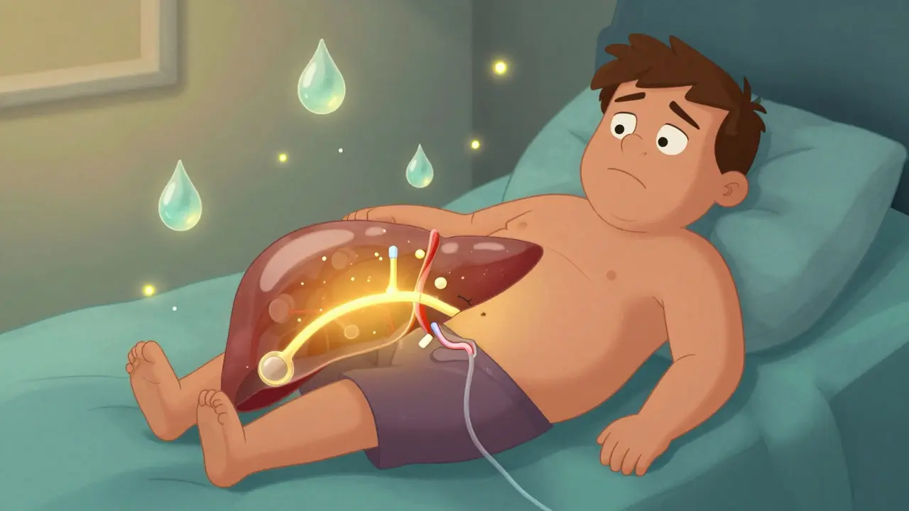 A patient with ascites and a glowing TIPS stent inside the liver, surrounded by floating fluid droplets.
