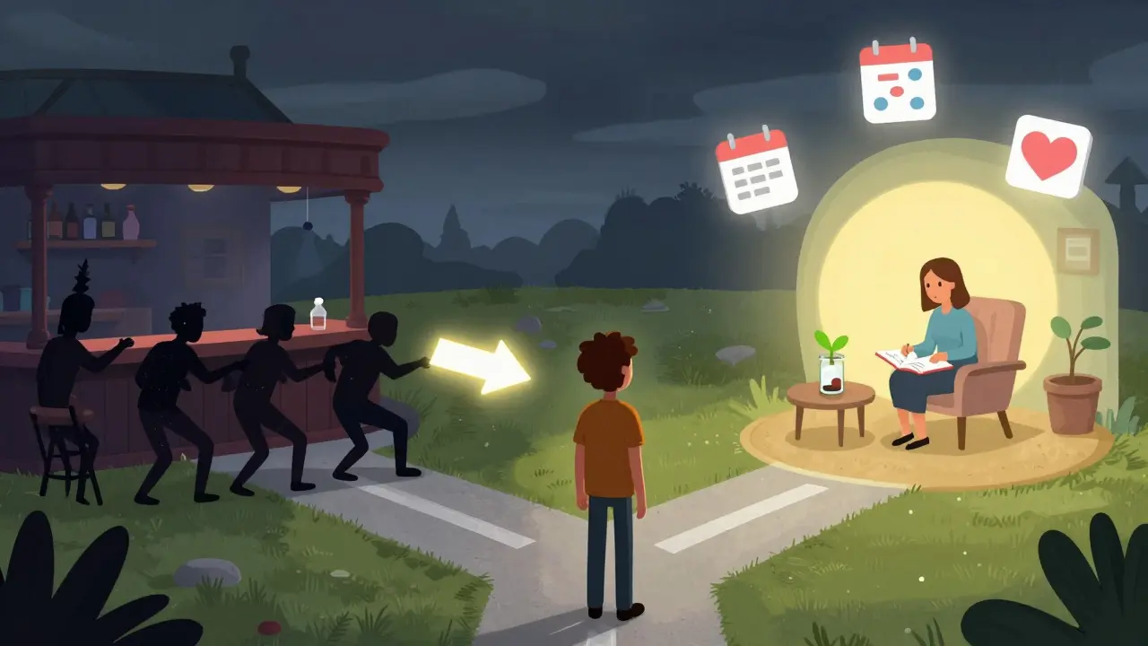 A person choosing between a dark bar and a calm therapy room, with icons of support and adherence.