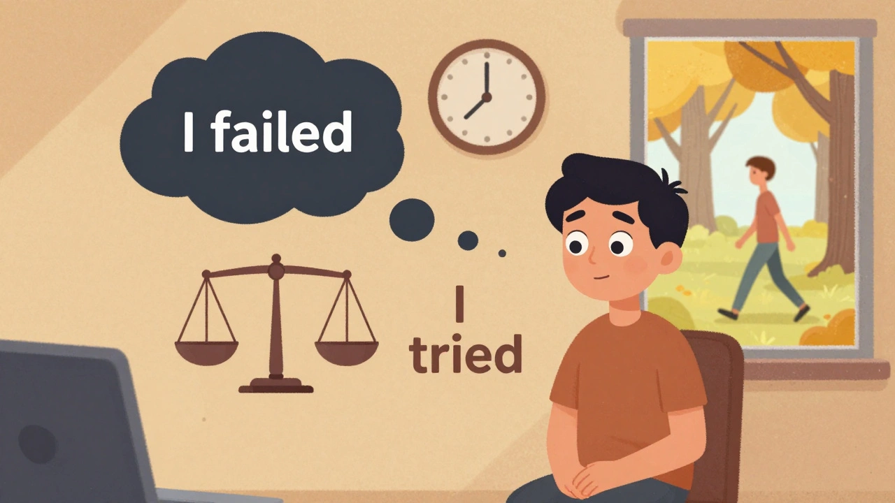 A person talks with a kind therapist as dark thoughts transform into balanced, positive ones in glowing bubbles.