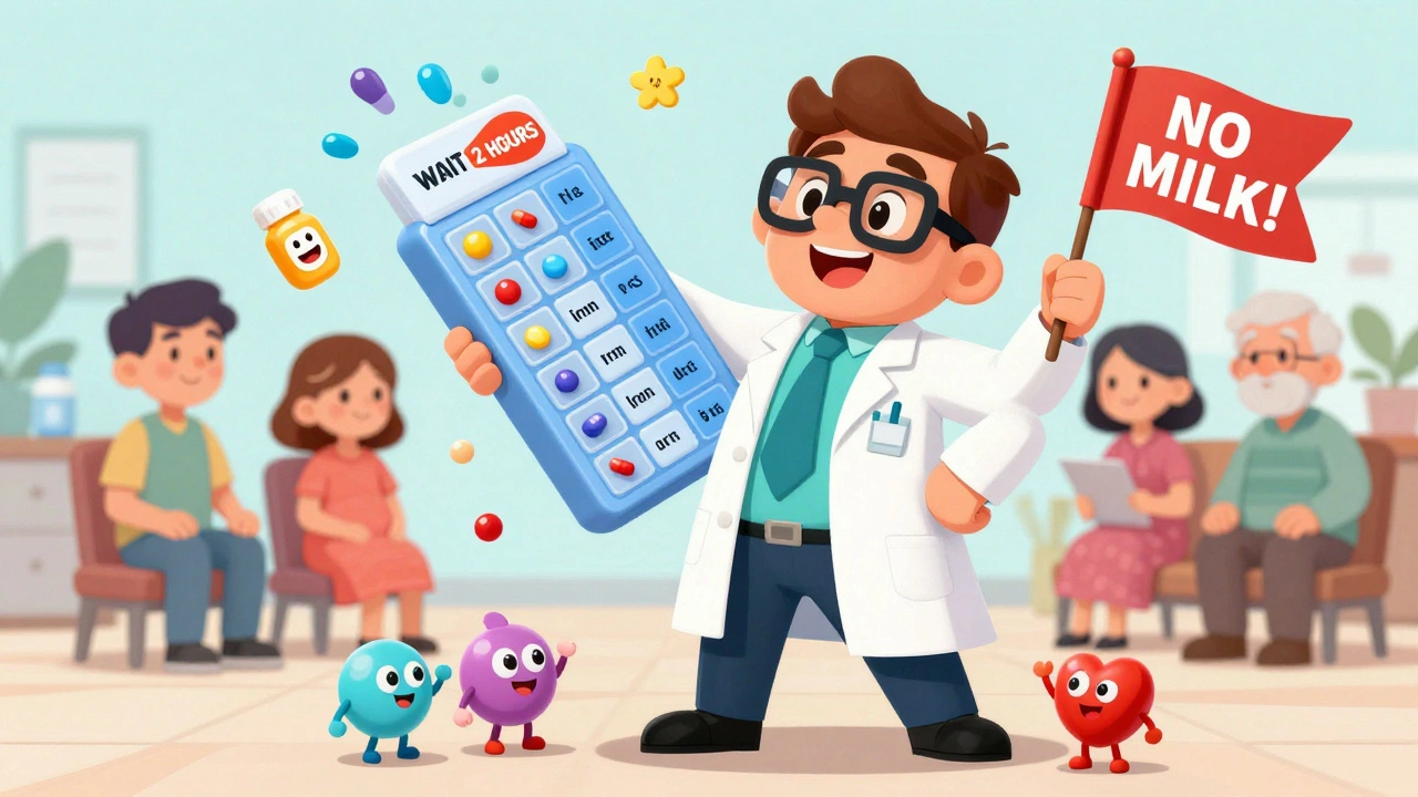A pharmacist holding a timed pill organizer while cartoon medications wave safety flags.