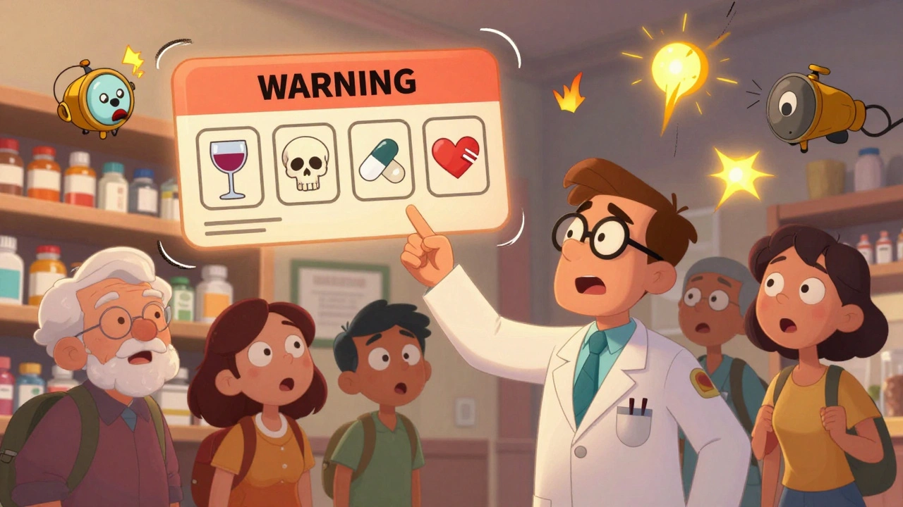 A pharmacist points to giant warning labels on medicine bottles with cartoon alarms flashing.
